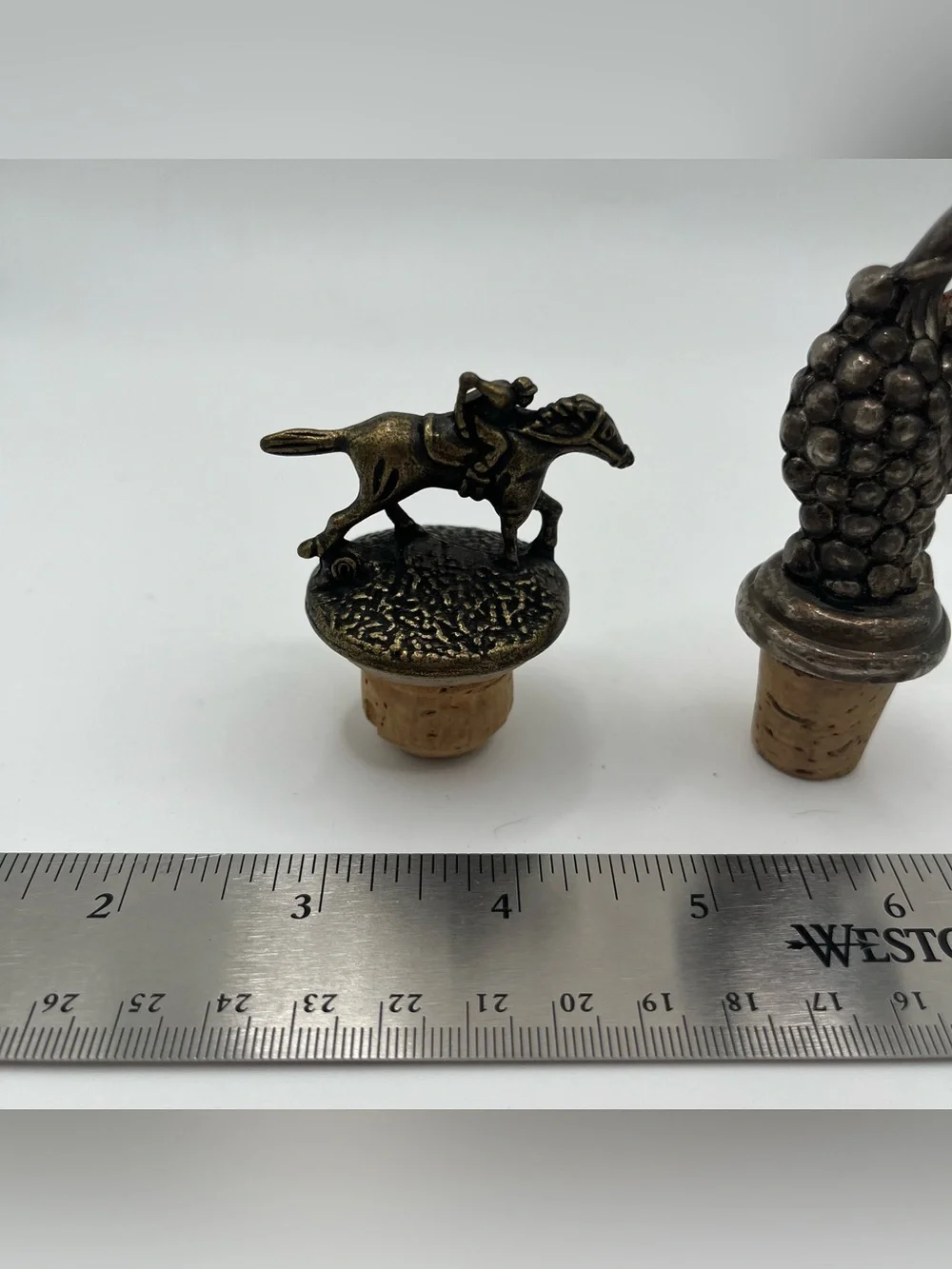 Vintage Silver Tone & Brass Toned Metal Bottle Stoppers - Set of 2, Jockey Grape